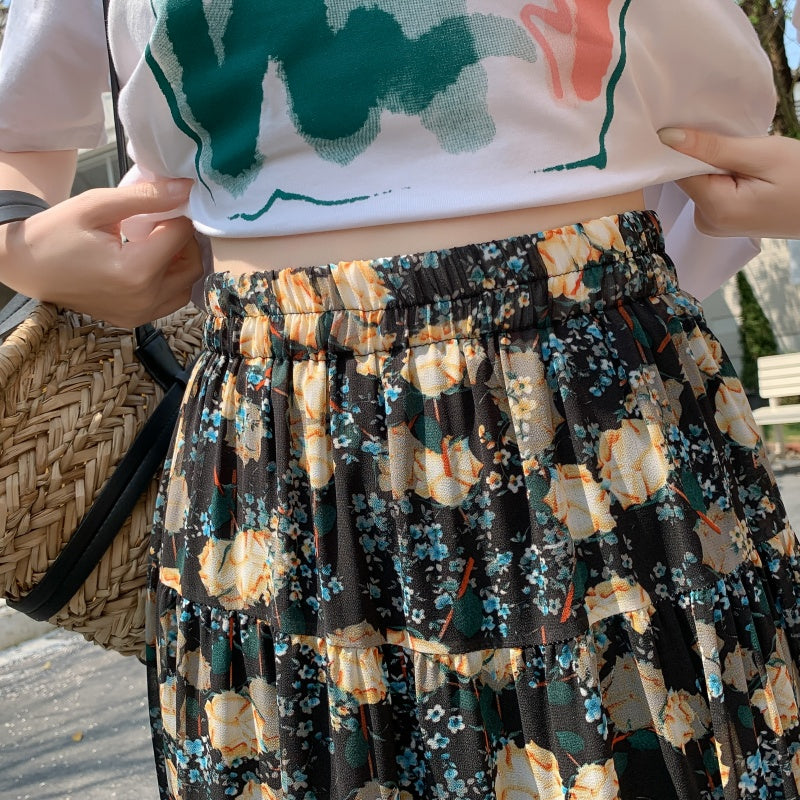 A-Line Chiffon Floral Skirt with Colorful Print Style