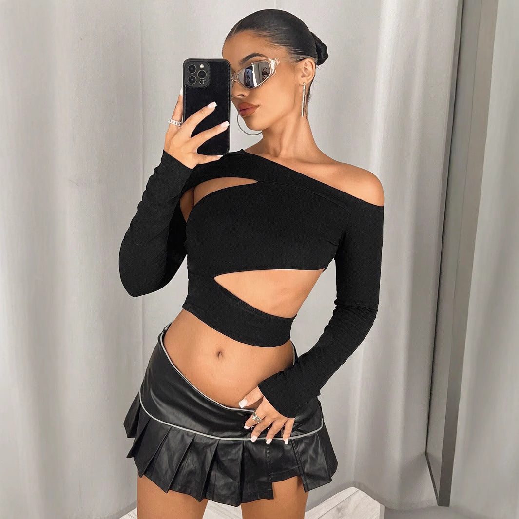 Slim Fit Off-the-Shoulder Navel T-Shirt with Irregular Design