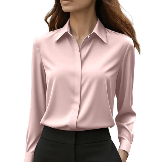 Satin Blouse with Long Sleeve Lapel Design for Effortless Elegance