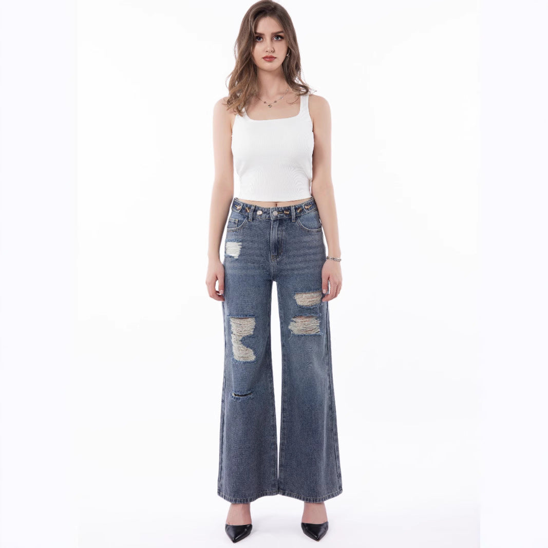 Retro Large Size Wide-Leg Jeans with Worn Distressed Style