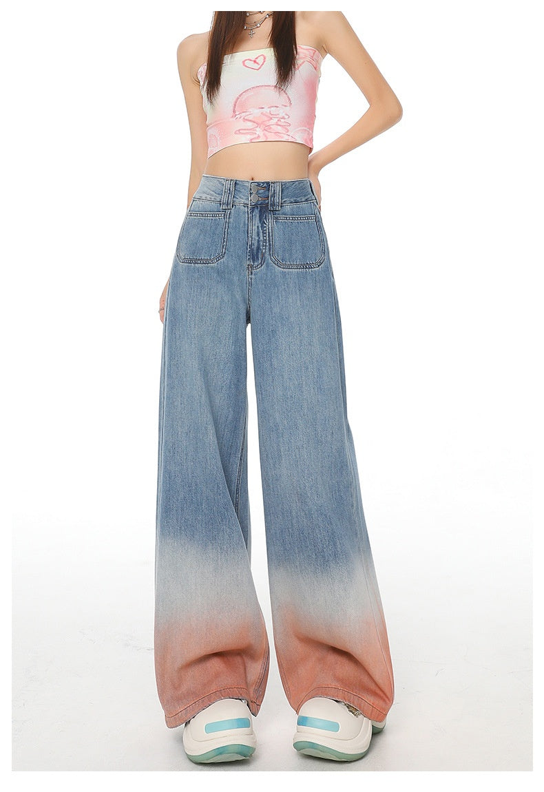High Waist Wide Leg Jeans with Retro Blue Gradient Style