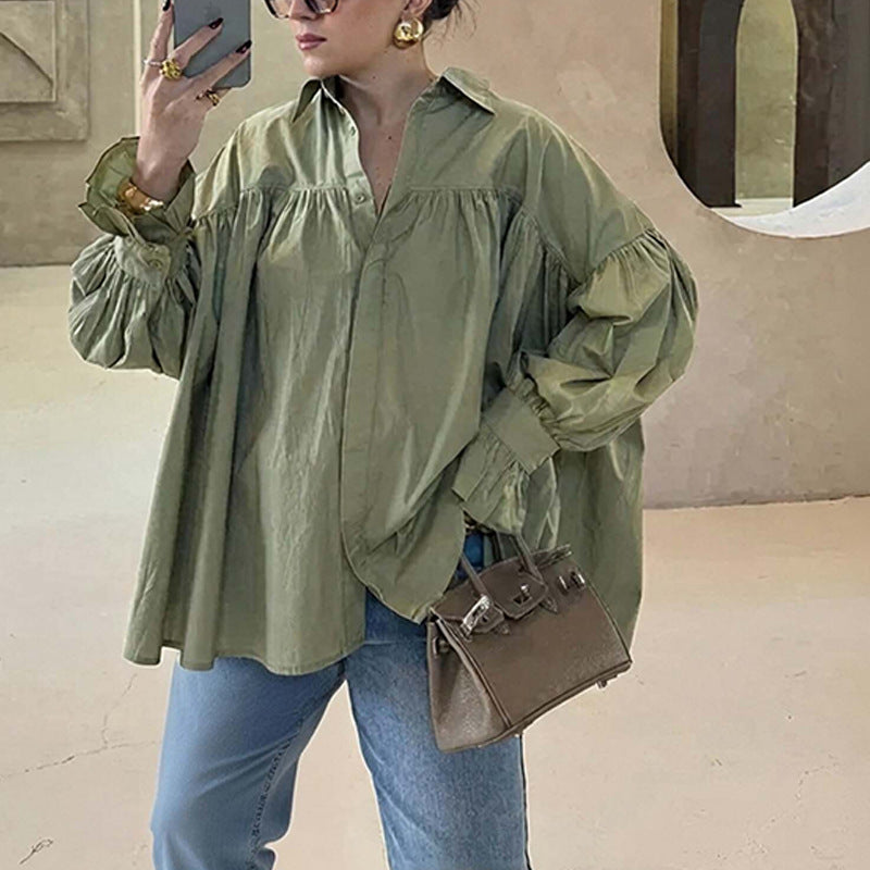 Pleated Lapel Splicing Blouse with Long Sleeve Design