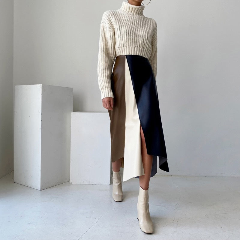 Mosaic Leather Skirt with Elegant Mid-Length Design for Chic Style