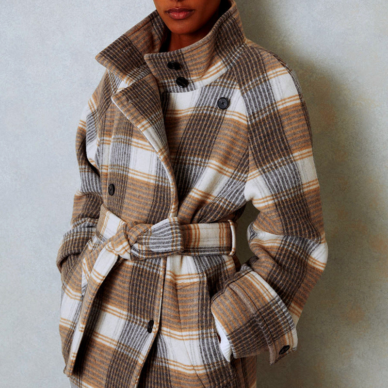 Plaid Coat with Contrast Color and Waist-Tied Design