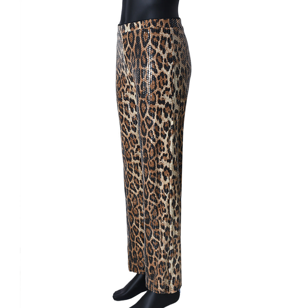 Leopard Print Straight-leg Trousers with Sparkling Sequins Detail