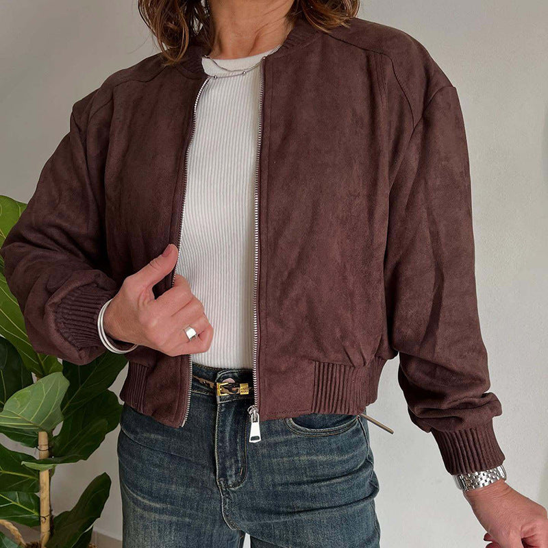 Suede Solid Color Zip Jacket with Casual Slim Fit Style