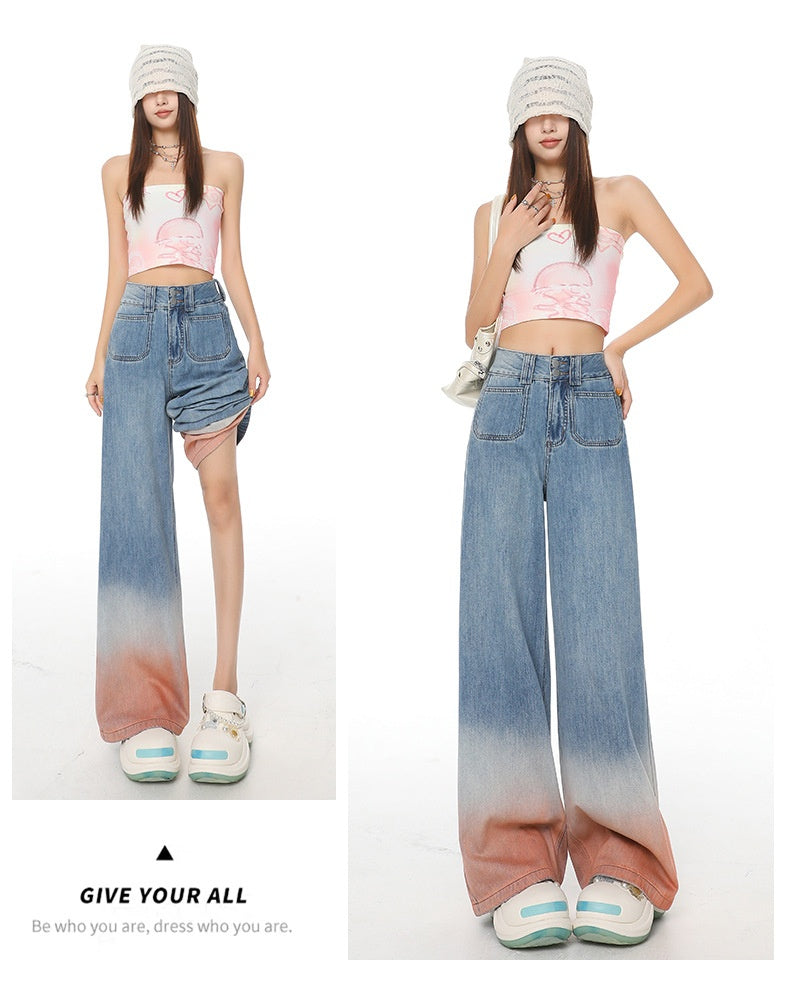 High Waist Wide Leg Jeans with Retro Blue Gradient Style