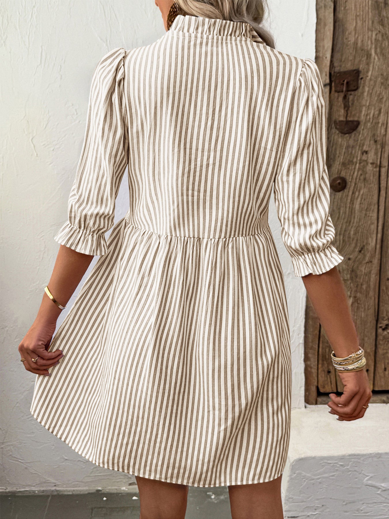 Puff Sleeve Stand Collar Striped Dress with A-Line Skirt Style
