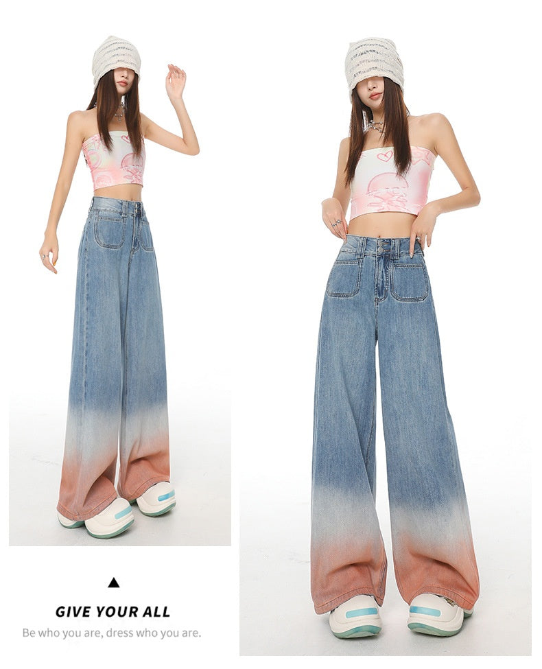 High Waist Wide Leg Jeans with Retro Blue Gradient Style