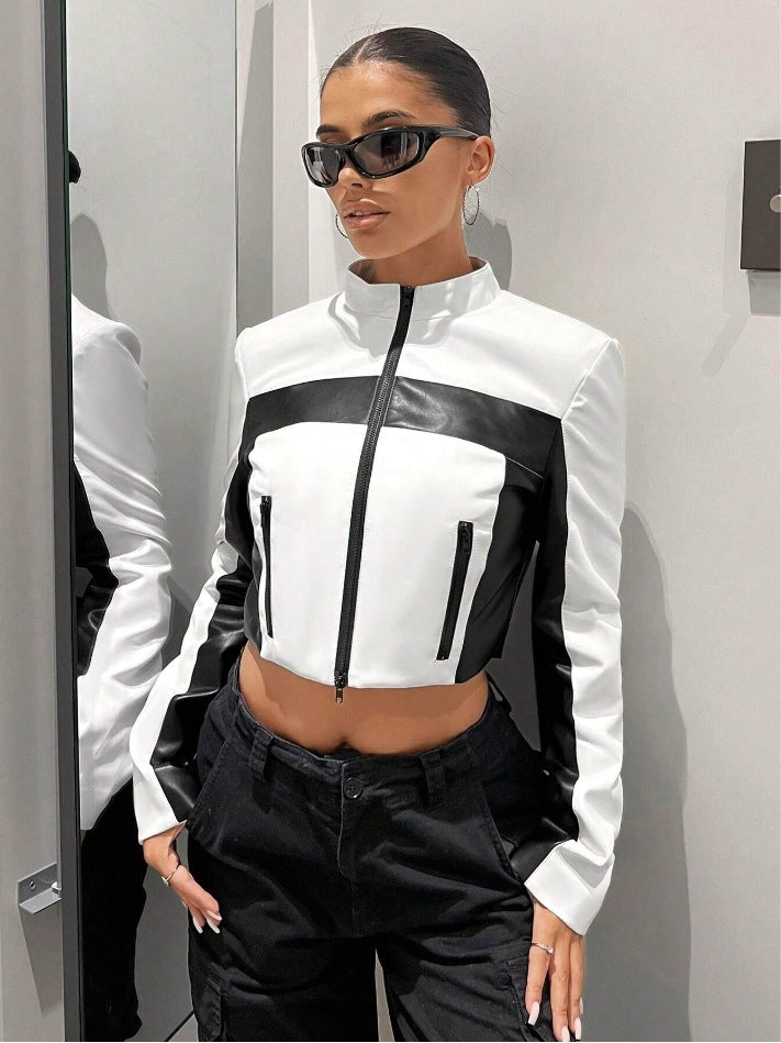 Black and White Contrast Color Leather Jacket with Zipper Closure
