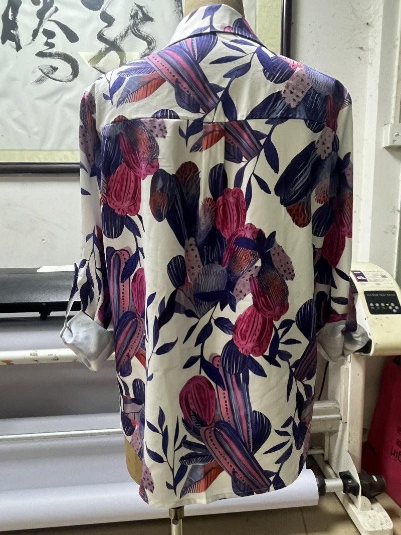 Casual Print Shirt Top with Floral Patterns and Long Sleeves