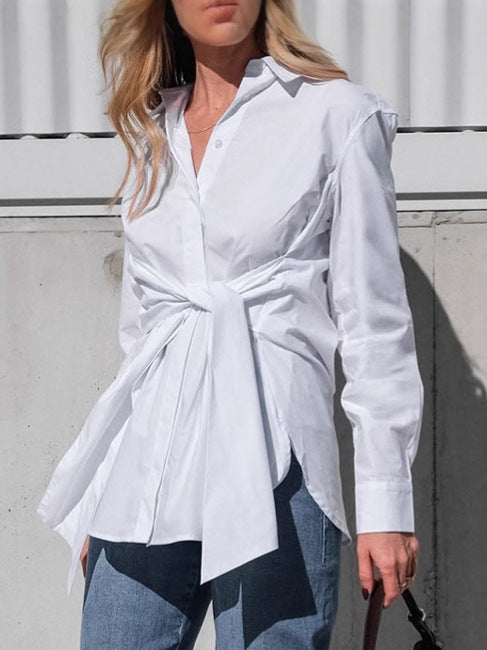 Cotton Blouse with Lace-up Waist Trimming for Casual Style