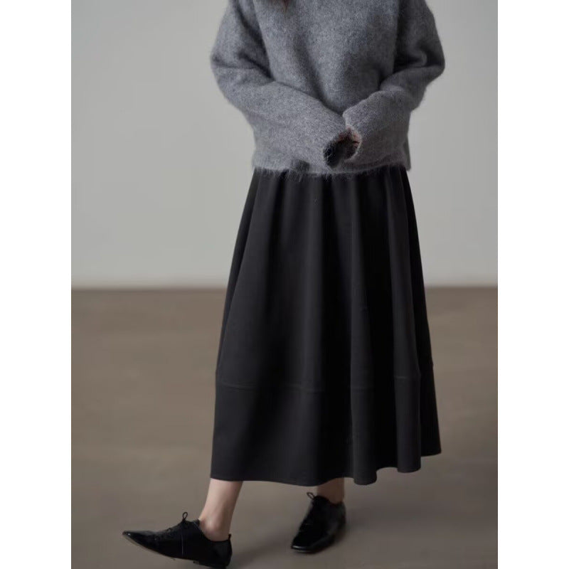 Commuter Woolen Solid Color Skirt with High Elasticity Comfort