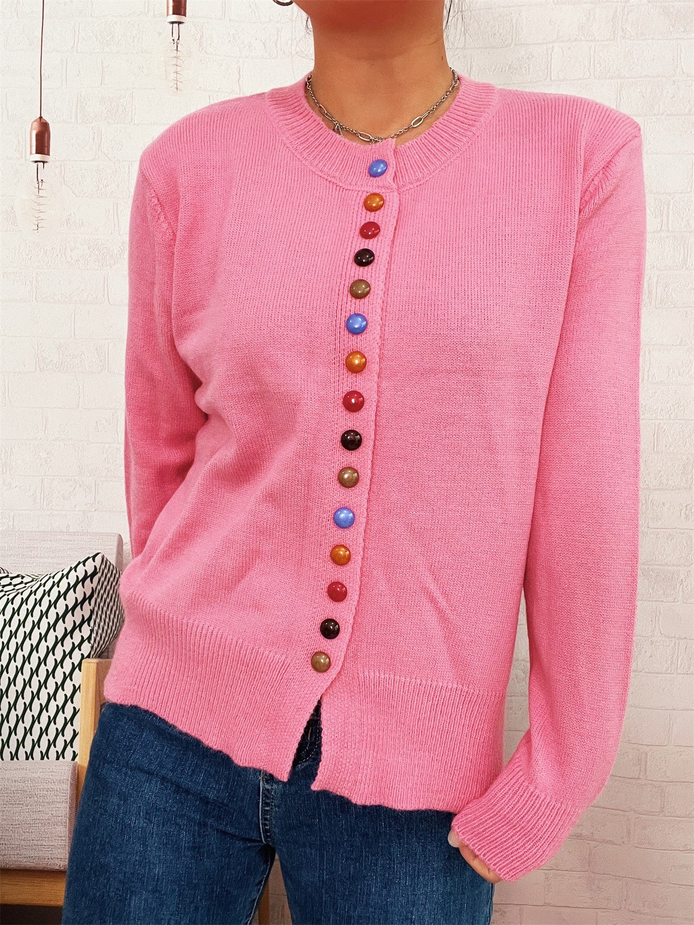 Simple Commute Color Button Single-breasted Knitted Cardigan Sweater Coat