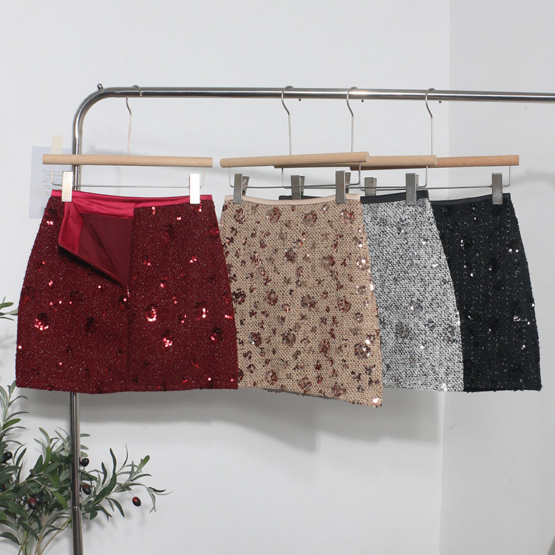 Sequined Red A-Line Skirt with High Waist Slimming Design