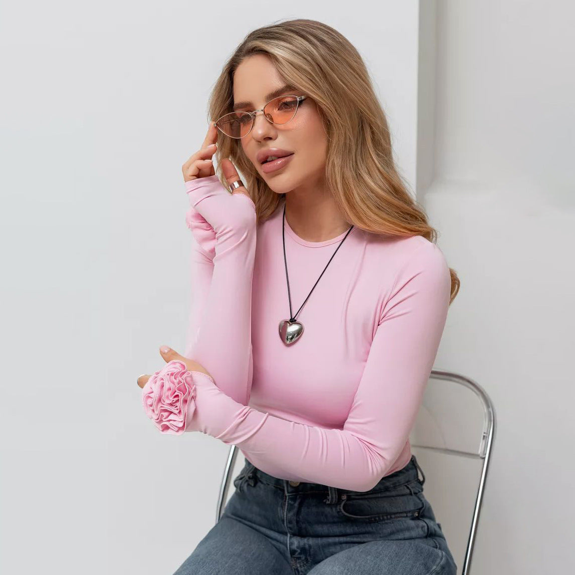 Floral Long Sleeve Slim-fit Tops with Charming 3D Design