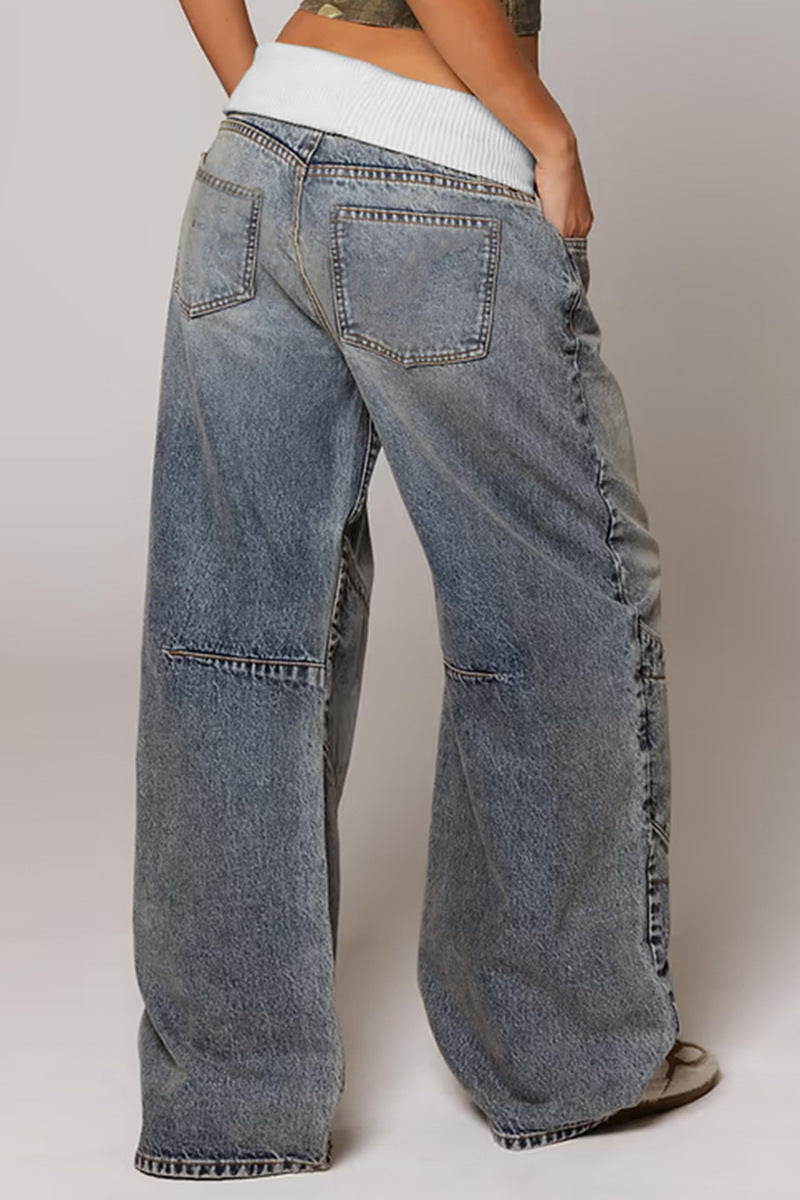 Distressed Denim Straight Trousers with Mid Waist Comfort