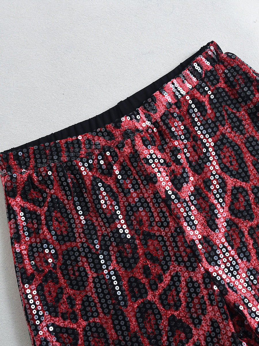 Leopard Print Straight-leg Trousers with Sparkling Sequins Detail