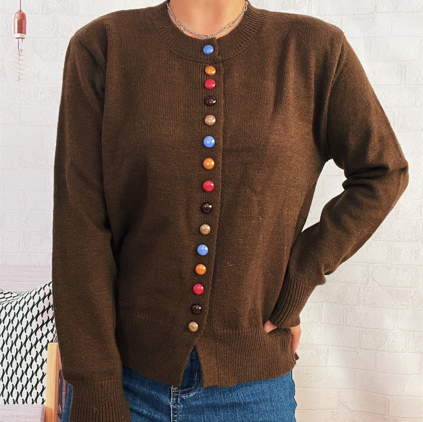 Simple Commute Color Button Single-breasted Knitted Cardigan Sweater Coat