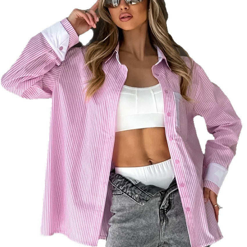 Oversize Loose Striped Blouse with Comfortable Cardigan Style