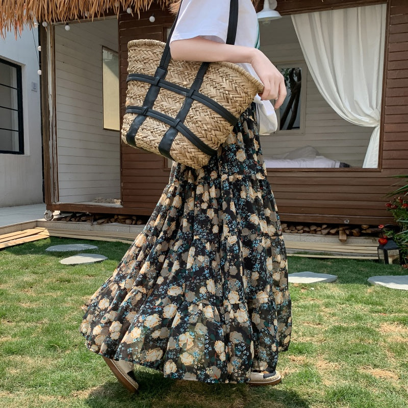 A-Line Chiffon Floral Skirt with Colorful Print Style