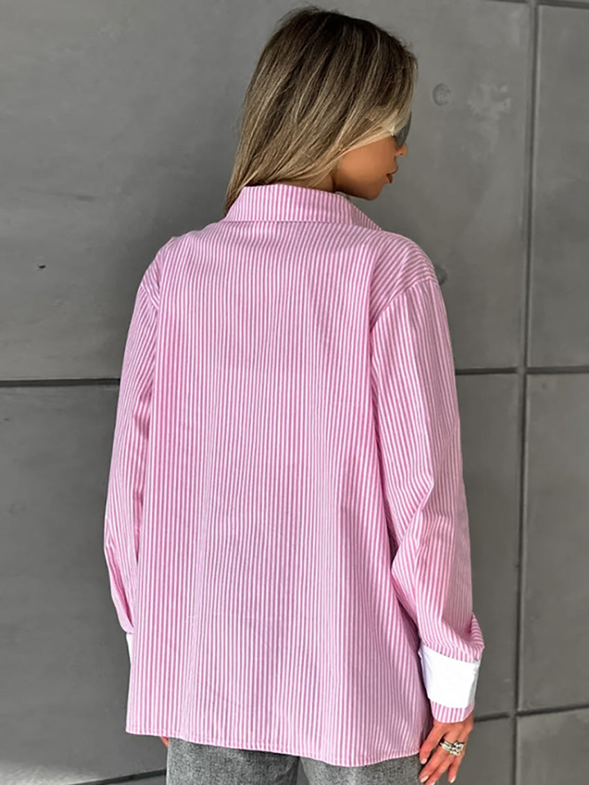Oversize Loose Striped Blouse with Comfortable Cardigan Style