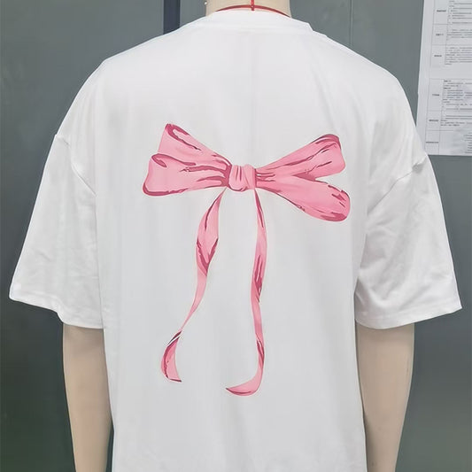 Round Neck Polyester Short-Sleeved Top with Bow Print Design