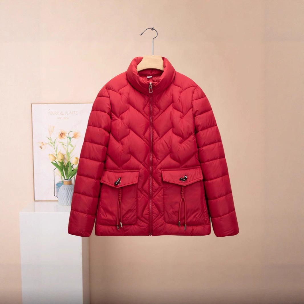 Solid Color Thick Cotton Jacket with Medium Length Design