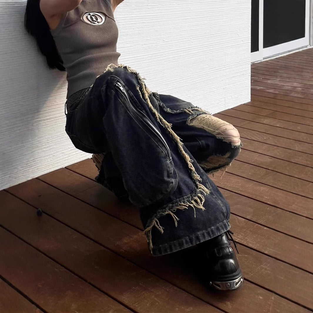 Ripped Jeans with Distressed Style and Big Pockets