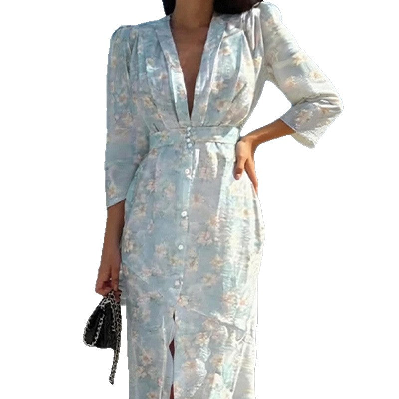 Deep V-neck Slim-fit Printed Dress with Elegant Style Appeal