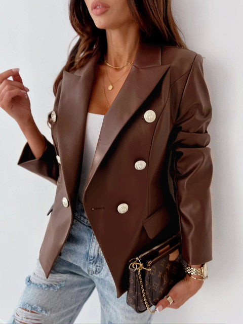 Long Sleeve Double Breasted PU Leather Jacket with Classic Style