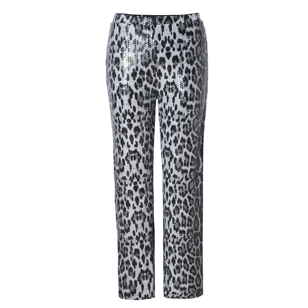Leopard Print Straight-leg Trousers with Sparkling Sequins Detail