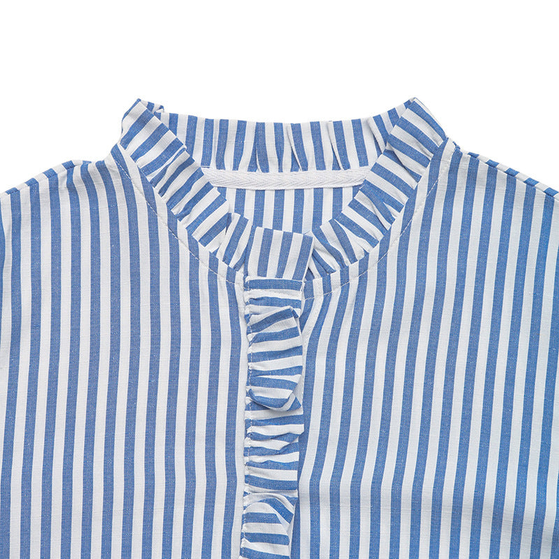 Puff Sleeve Stand Collar Striped Dress with A-Line Skirt Style