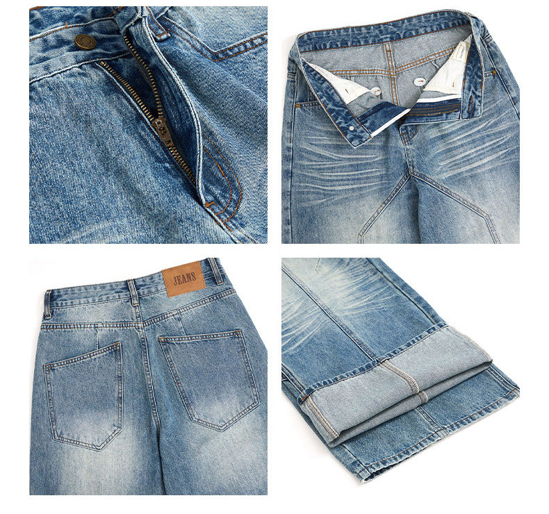 Wide-leg Blue Jeans with Deconstruct Stitching for Trendy Style