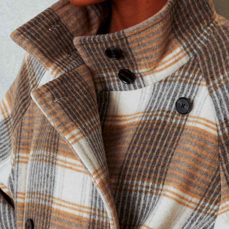 Plaid Coat with Contrast Color and Waist-Tied Design