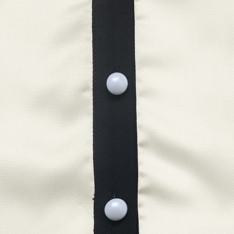 Pearl Button Deep V-neck Color-block Blouse for Elegant Style