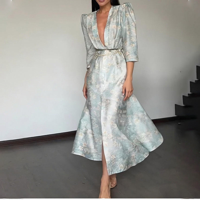 Deep V-neck Slim-fit Printed Dress with Elegant Style Appeal