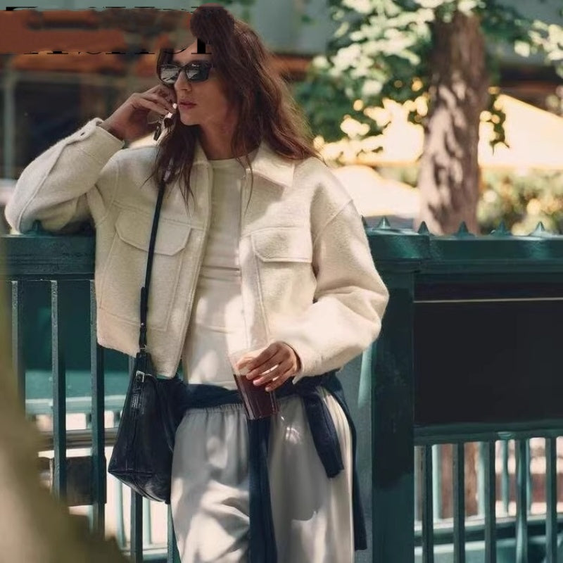 Beaded Leather Jacket with Large Pockets and Lapel Style