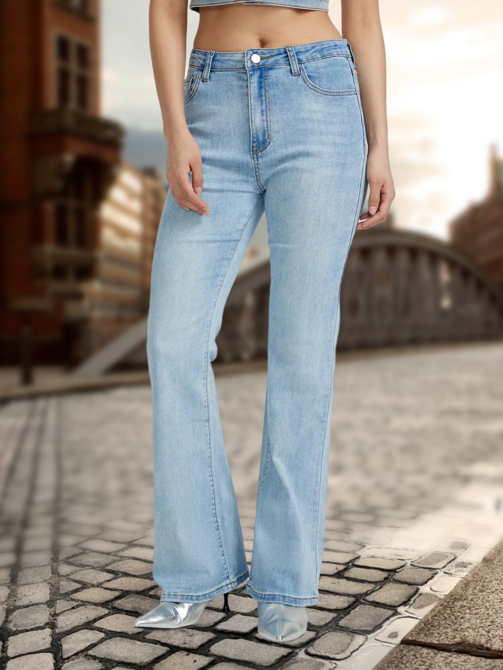 Mid-waist Retro Denim Bell-bottom Pants with Stretch Fabric Design