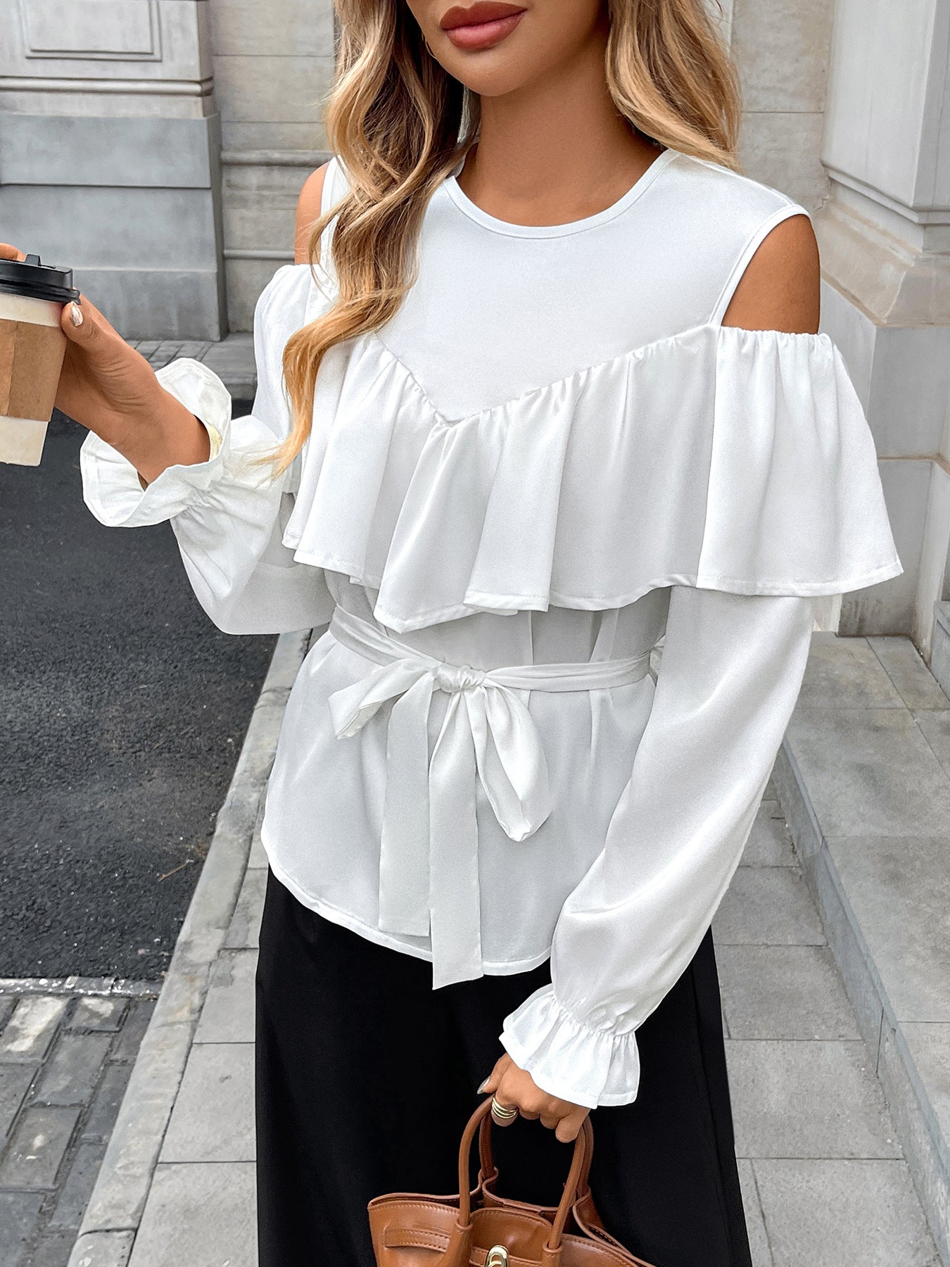 Long-sleeved Ruffled Off-the-shoulder Lace-up Shirt for Stylish Looks