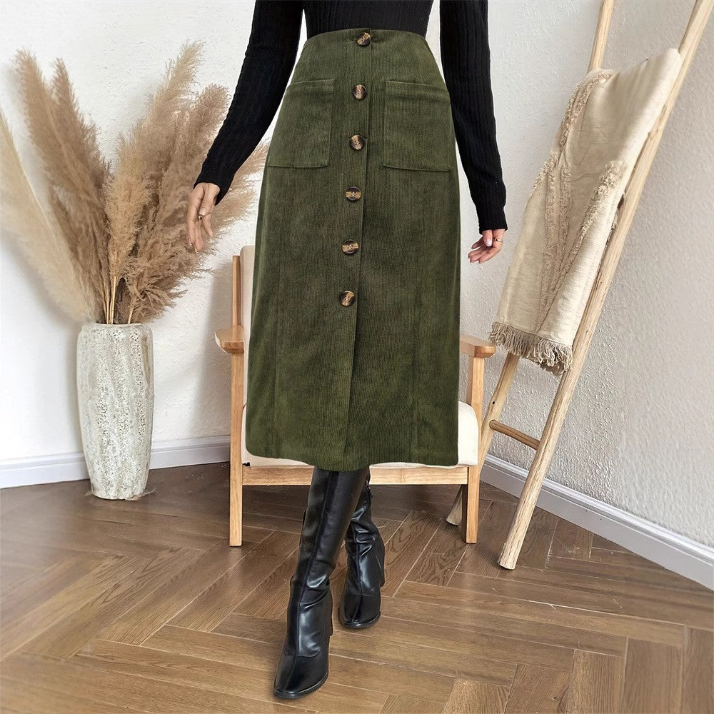 Mid-Length Skirt with Elastic Waist and Patch Pocket Design