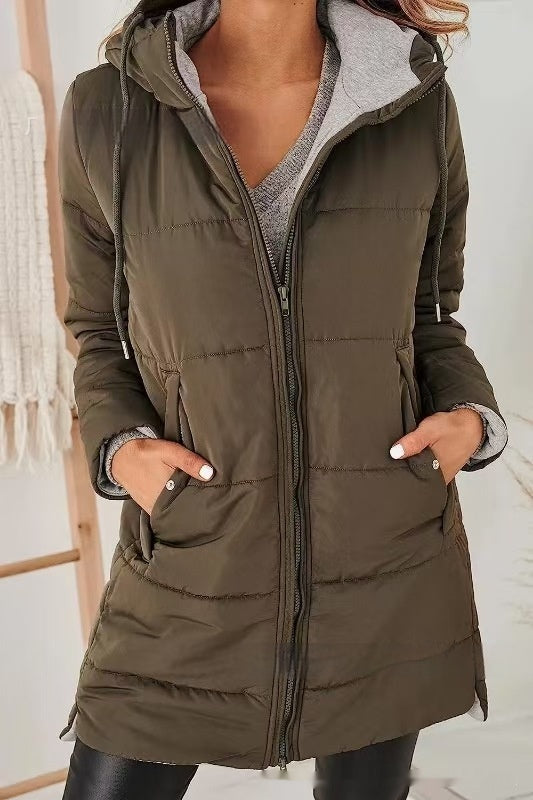 Hooded Solid Color Pocket Long Cotton Jacket Coat for All Seasons