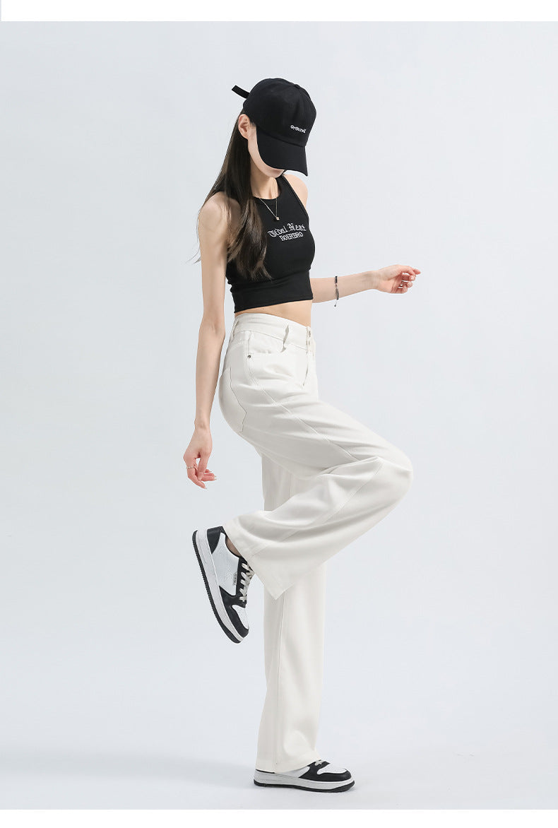 Lyocell Denim Wide-leg Pants with High Waist and Button Detail