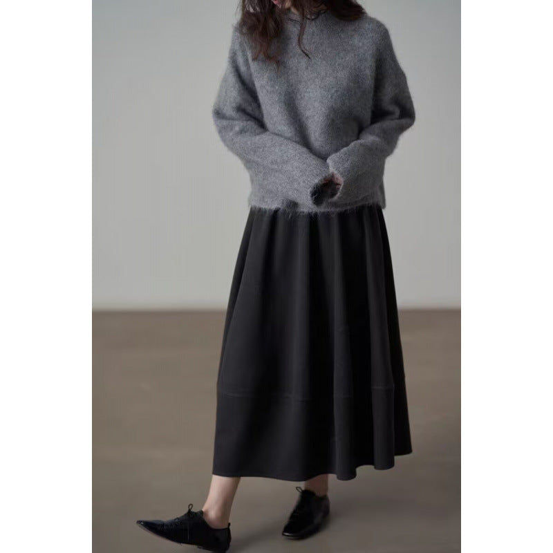 Commuter Woolen Solid Color Skirt with High Elasticity Comfort