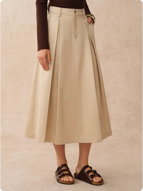 Khaki Pleated Tooling Skirt with High Waist Design