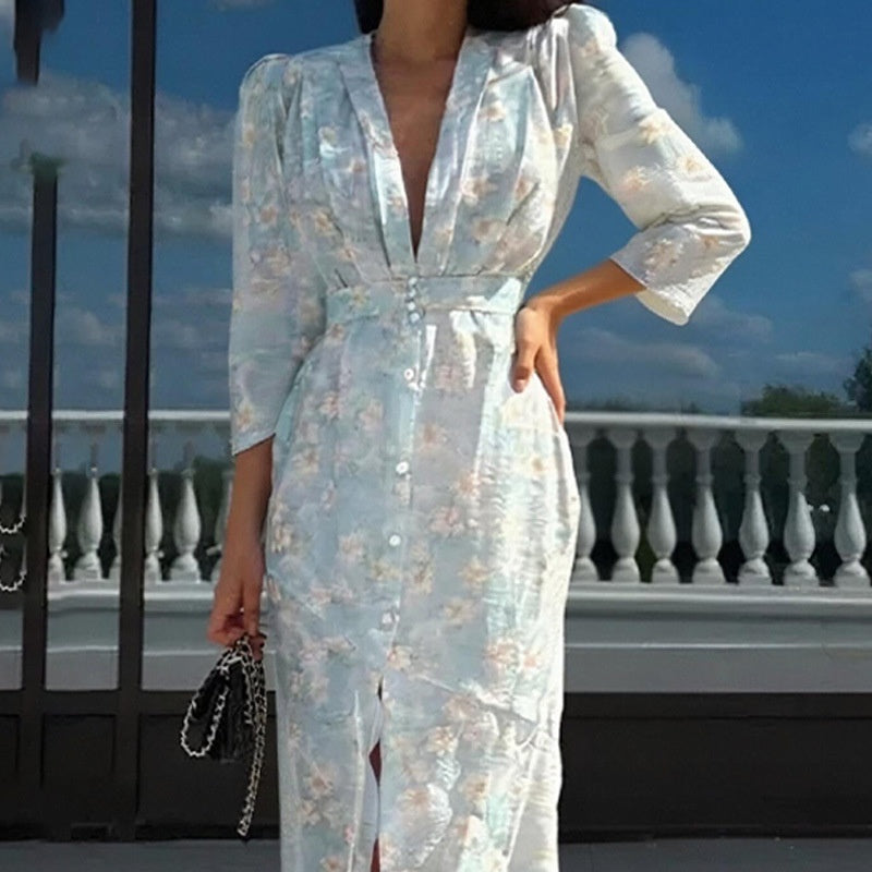 Deep V-neck Slim-fit Printed Dress with Elegant Style Appeal