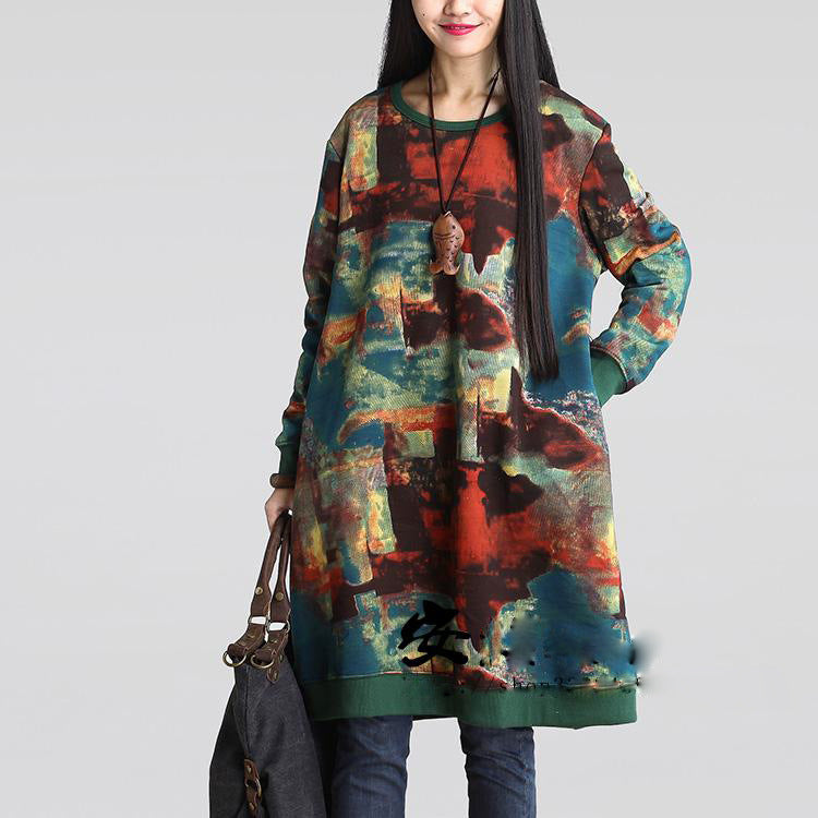 Casual Cotton and Linen Printed Long-sleeved Dress with Floral Pattern