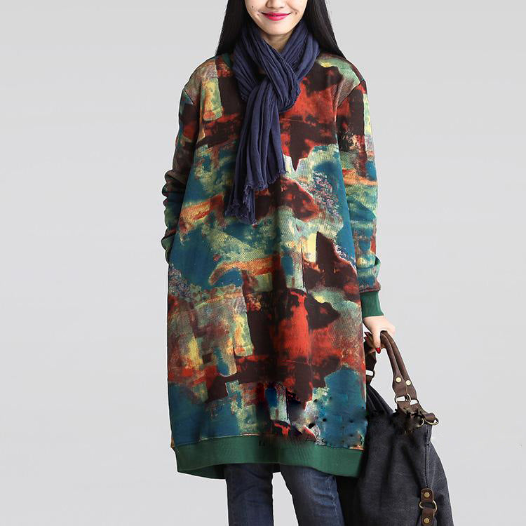 Casual Cotton and Linen Printed Long-sleeved Dress with Floral Pattern