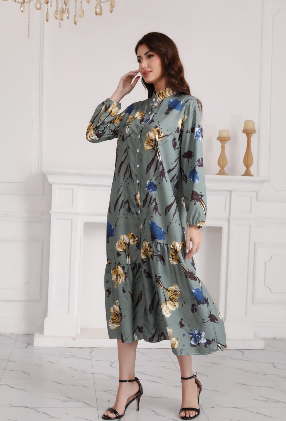 Floral Print Long Dress with Comfortable Cotton-Linen Blend Fabric