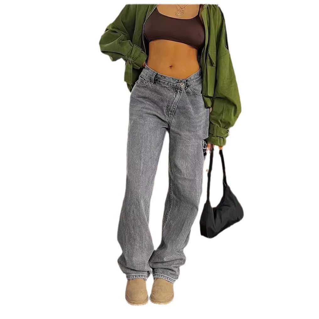 Loose Hole Jeans with Fashionable Oblique Waist Design for Style